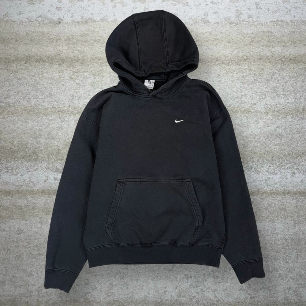 Vintage Y2K Nike Hoodie Mens S Jet Black White Swoosh Cotton Pullover